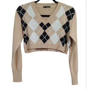 Zaful Tan and Black Argyle V-Neck Crop Sweater